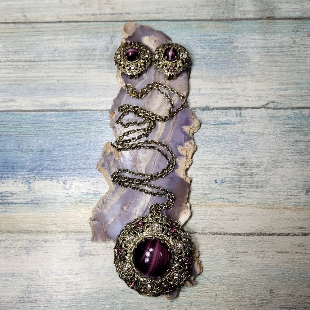 Vintage Germany Cameo Glass Necklace and  Earrings Set.